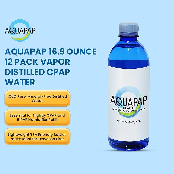 AQUAPAP 16.9 Ounce 12 Pack Vapor Distilled CPAP Water | 2-3 Nights per Bottle |for use with Resmed Machines