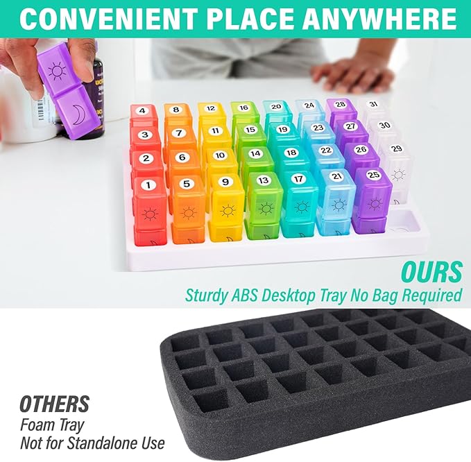 Monthly Pill Organizer 2 Times a Day, 31 Day Pill Box AM PM with Pill Cutter & Travel Bag, Portable Soft One Month Pill Box Cases with Weekly Stickers, Convenient Medication & Vitamins Tracking