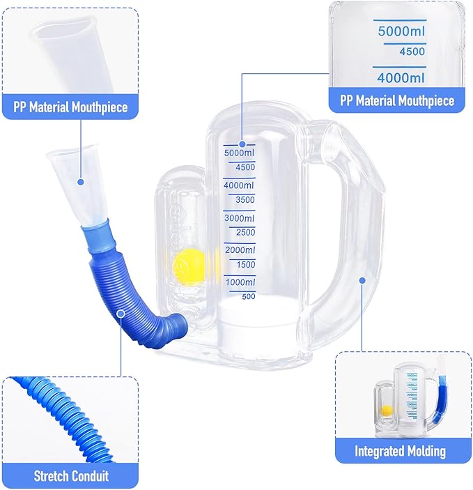 Incentive Spirometer Adult,Breathing Exercise Device for Lungs,Deep Breathing Trainer for Children and Adult,5000ml Volume Measurement with Flow Rate Indicator.