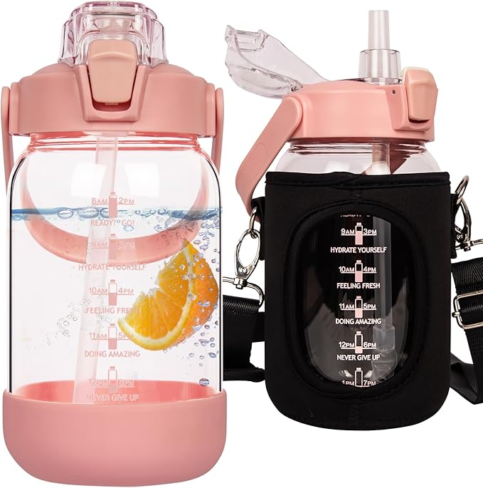 32 oz Glass Water Bottle with Straw and Time Marker, Large Motivational Borosilicate Glass Drinking Bottle with Silicone Boot and Sleeve