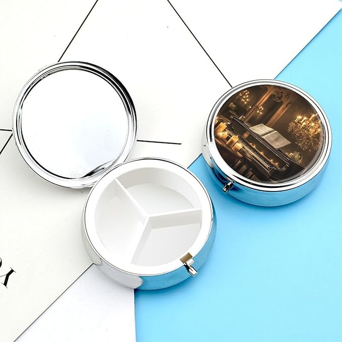 an Old Piano Pill Box 3 Compartment Small Pill Case Portable Pill Box for Pocket Or Purse Round Metal Pill Box Cute Medicine Organizer Holder to Hold Vitamins Medication