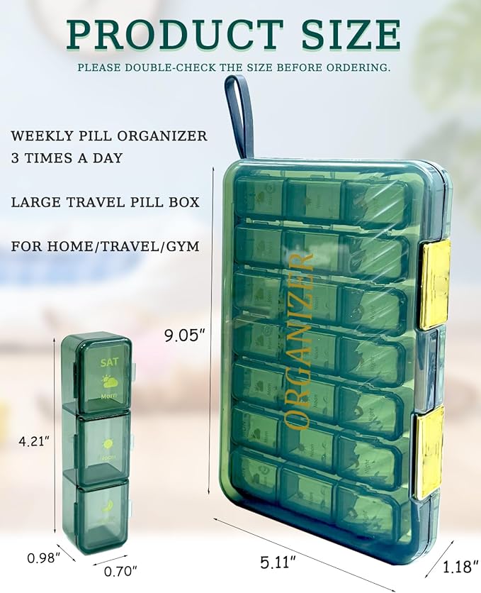Weekly Medicine Pill Organizer 3X a Day, 7 Day 3 Times a Day Travel Pill Case for Purse, Cute Pill Box for Vitamins, Fish Oils, Supplements (Green)