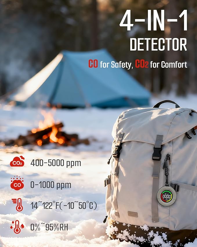 DS-100PRO Portable CO & CO2 Detector for Travel, 4-in-1 Magnetic Carbon Monoxide and Carbon Dioxide Detector, Audible & Visual Alarm, 3-Day Standby, CO & CO2 Monitor for Home, Tent, RV