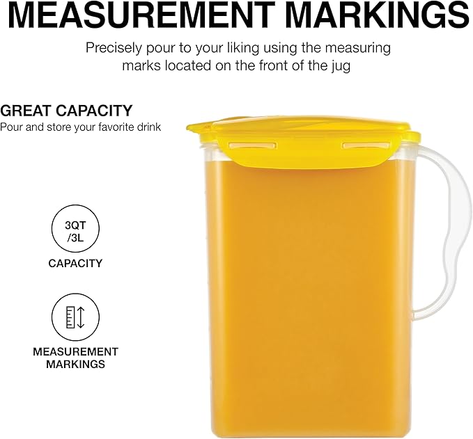 LocknLock HAP607Y Aqua Fridge Door Water Jug with Handle, BPA-Free Plastic Pitcher with Flip-Top Lid and Easy-Pour Spout for Water, Juice, Tea, and Other Drinks, 3-Quart, Yellow