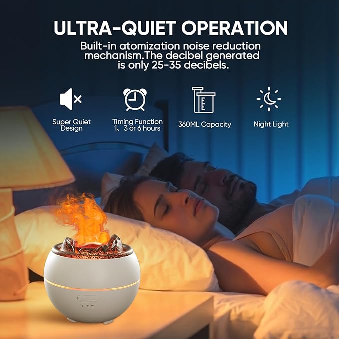 Essential Oil Diffuser, Volcano Flame Fire Oil Diffuser, 360ml Ultrasonic Cool Mist Aromatherapy Humidifier, Scent Diffuser with 7 Colors Light, Timer & Auto Shut-Off for Home, Room (White)