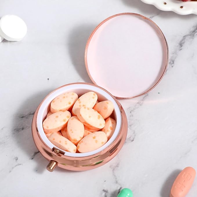 Pill Box Cute Small Pill Box for Purse & Pocket Medicine Organizer Travel Pillbox Waterproof Pill Case Metal Pill Container Holder for Vitamins, Fish Oil, Supplements (Rosegold)