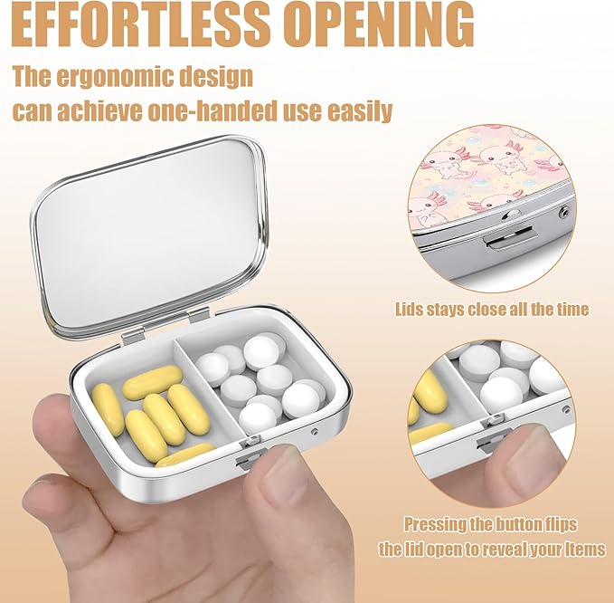 Pill Box-2 Compartment Small Pill Case Square Organizer Case with Mirror Portable Metal Medicine Box Travel Container for Pocket & Purse Women Men（Cute Axolotl）