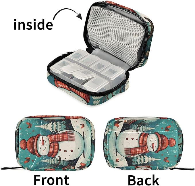 Christmas Snowman Blue Travel Pill Organizer Case Box Container Weekly Portable Vitamin Medicine Holder Storage Bag with Zipper Removable