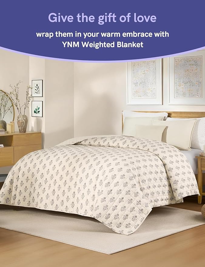 YnM 20lbs Weighted Blanket for Adults, Linen Heavy Bed Throw Blanket with Cooling Glass Beads for All Season Use, Ideal for ~190lbs (60x80 Inches, Queen, Damask)