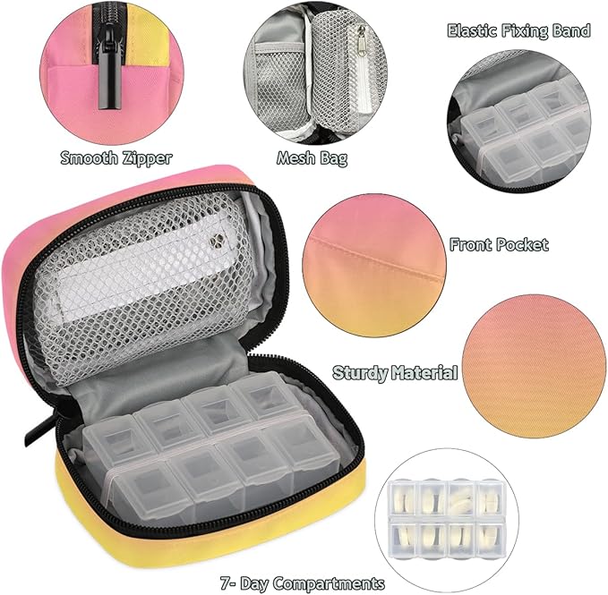 Weekly Travel Pill Organizer Case for Purse with Removable 7 Day Box Portable Compact Size Pill Box Fashionable Pill Container for Medicine Vitamin Supplement Pink Yellow