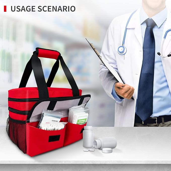 Large Pill Bottle Organizer Storage with Removable Dividers & Double Layer, Travel Medication Bag for Prescription Bottles, Medical Supplies, 11.8”x8.1”x9.5” (Red,Bag Only)