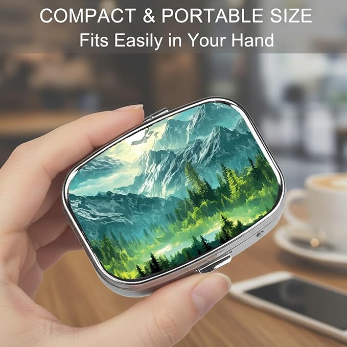 Square Pill Case Small Pill Box with Mirror Pocket 2 Compartment Vitamin Pill Medicine Case Organizer Pill Containers for Traveling Coniferous Forest Mountain Range