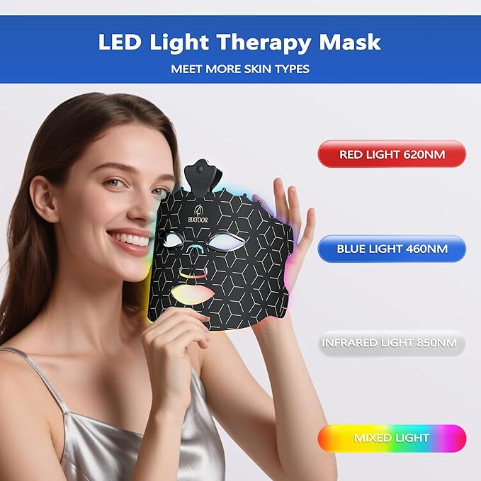Red Light Therapy for Face, 7 Colors LED Face Mask Light Therapy with Red, Blue and Mixed Light Therapy Face Mask for Reduce Wrinkles, Skincare at Home & Travel, Black