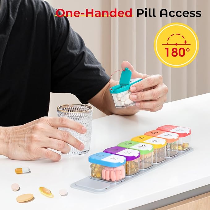 Odaro Extra Large Weekly Pill Organizer, XL Pill Box 7 Day AM PM, Jumbo Medicine Organizer 2 Times A Day to Hold Daily Medicine, Vitamins, and Supplements, Rainbow & Cyan/White (Set of Two)