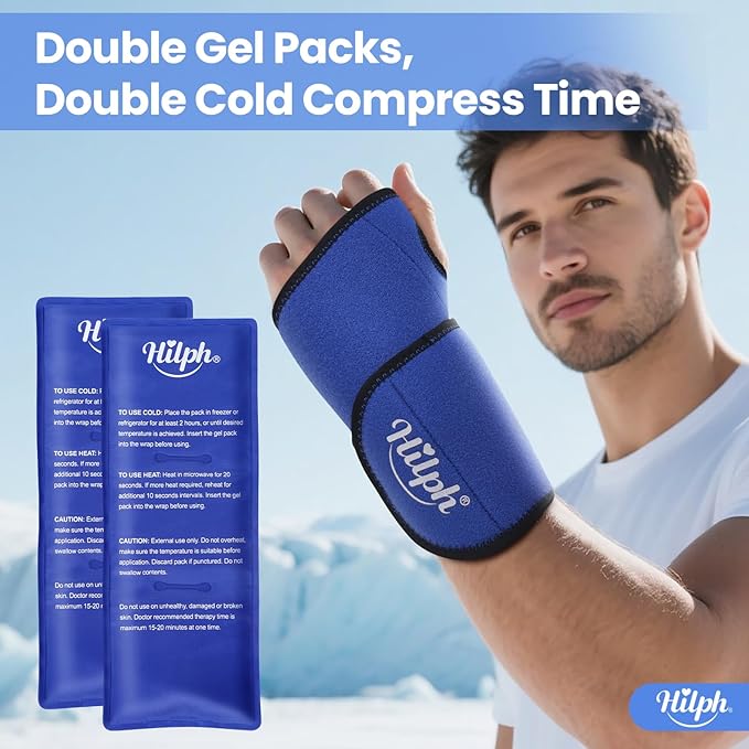 Hilph Wrist Ice Pack Wrap, Reusable Wrist Brace with 2 Gel Hot Cold Compression Packs for Injuries, Hand Ice Pack for Carpal Tunnel, Rheumatoid, Tendonitis, Swelling, Blue
