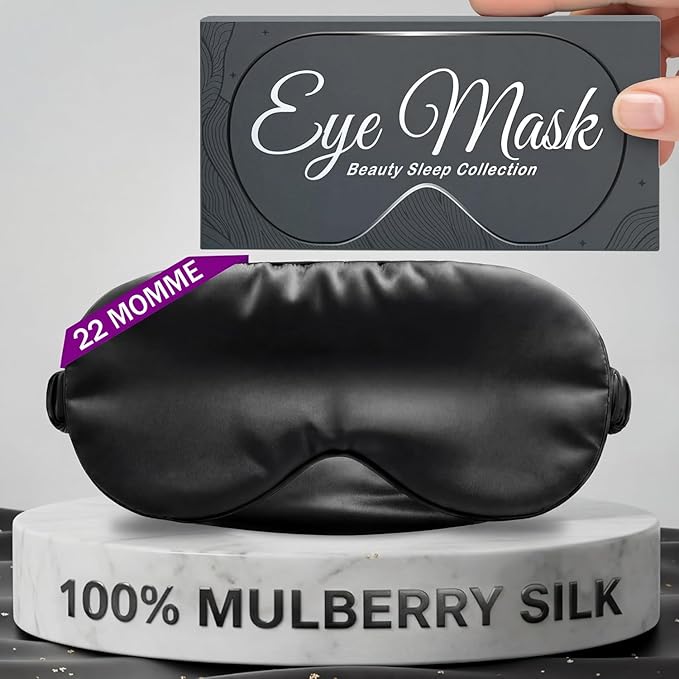 SLEEP SANCTUARY 100% Pure Mulberry Silk Sleep Mask - 22 Momme Light Blocking 3D Contour Silk Eye Mask for Sleeping - Secure Fit for Side Sleepers, Women & Men - Cloud Soft (Black)