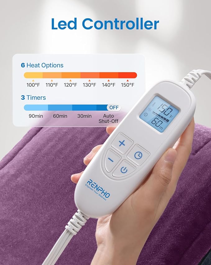 RENPHO Electric Heating Pad for Back, Mothers Day Gifts & Birthday Gifts for Women Men Mom Dad, FSA Eligible & HSA Store, Neck and Shoulder Heat Pad, Fast Heating, 24"x33", ETL Certified, Purple