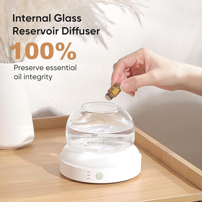 Glass Essential Oil Diffuser, 200ml Ultrasonic Aroma Diffusers with Glass Reservoir Dome & White Plastic Base Lock Color Auto-Off Timer 7 Color Light for Home Office Bedroom Yoga
