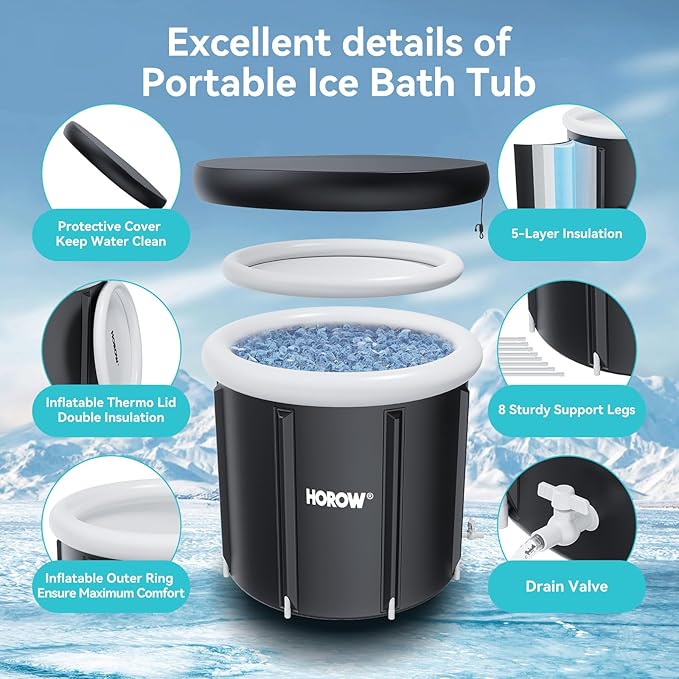 HOROW Ice Bath Cold Plunge Tub with Cover, Multiple Layered Portable Ice Bath Plunge for Cold Water Therapy and Recovery, Indoor & Outdoor Use for Athletes & Adults, 100 Gallons, Black, Round
