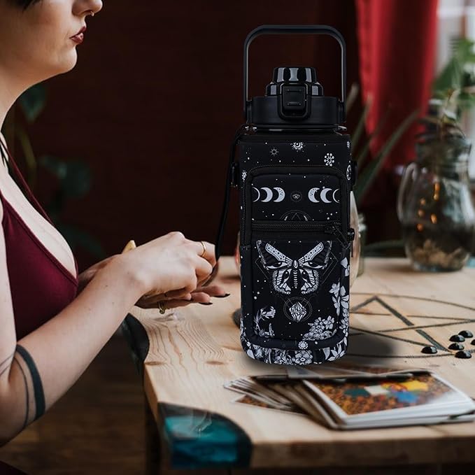 Goth Moon 64 oz Water Bottle with Sleeve - BPA-Free, Leakproof, Time Marker & Flip Top Lid - Motivational for Halloween Spooky Gifts for Women (Christmas, Birthday)