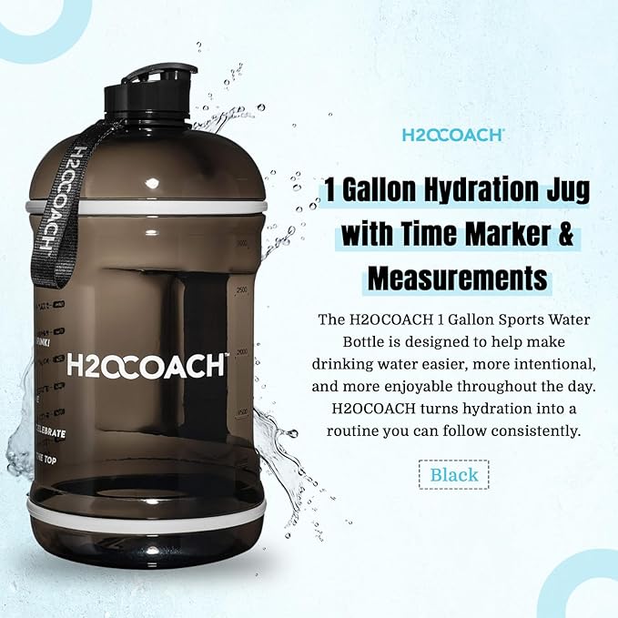 H2OCOACH 1 Gallon Hydration Jug with Time Marker & Measurements, BPA-Free Tritan Sports Drink Container, Motivational Daily Intake Tracker for Gym, Workout, & Fitness Routines (128 oz, Black)