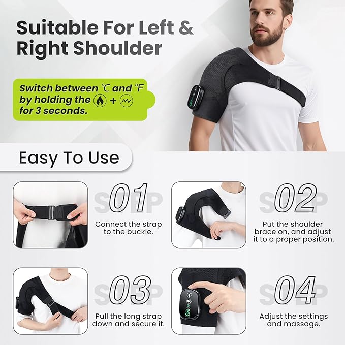 Cordless Shoulder Heating Pad with Vibration for Rotator Cuff Pain Relief, Heated Shoulder Massage Pad, Rotator Cuff Support Brace with 3 Heating Levels &3 Vibration (Black)