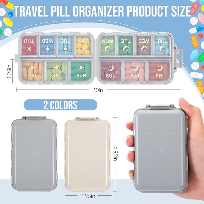 2 Pack Foldable Weekly Pill Organizer 2 Times a Day Week with Etched Labels Portable Am Pm 7 Day Medicine Box Kit Daily Travel Pill Case Dispenser for Vitamin Fish Oil Supplement Storage