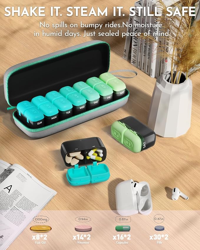 Weekly Pill Organizer, 7 Day Travel Medicine Pill case with Moisture-Proof Silicone Lid, Large AM PM Daily Pill Organizer 2 Times a Day for Vitamins & Supplements, Secure Zipper Pill Box(Green)