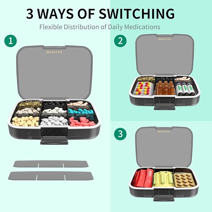 Restree Pill Organizer, Large & Waterproof Travel Pill Case, Adjustable Dividers for Daily Vitamins, Supplements, Fish Oil - Portable Medicine Box for Home & On-The-Go, 9 Compartment (Black)