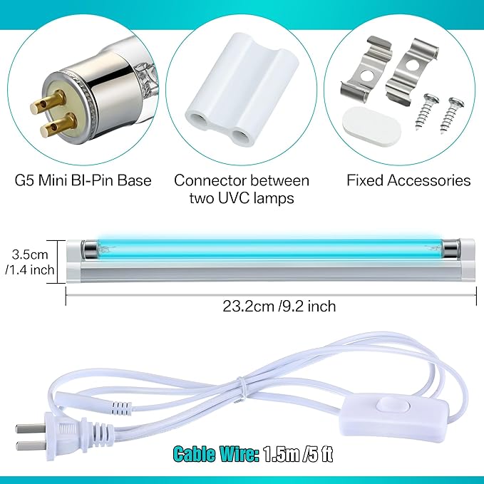 6w UV Light with Ozone, 110V UVC Double Germicidal Lamp Including ON/Off Switch Cord and Plug, 253.7nm Wavelength UVC Lamp with Connector and Screw Tools for Closet Shoe Cabinet