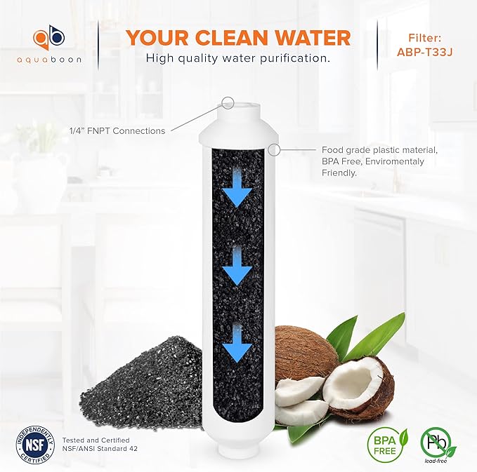 Aquaboon T33 Inline Carbon Filter - 1/4 Inline Water Filter for Refrigerator T33 Inline Ro Post/Granular Activated Carbon (GAC) Polishing Water Filter Cartridge for Reverse Osmosis System 4-Pack