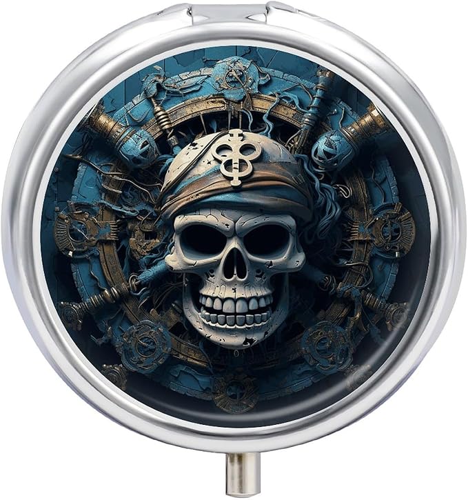 Skeleton Pirate-1 Pill Box Travel Pill Case for Purse Pocket Weekly Medicine Organizer with Mirror 3 Compartment Round Medicine Case Portable PillcaseHolder for Daily