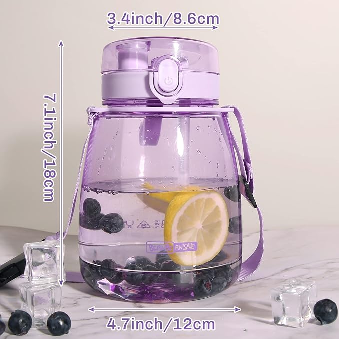 Kawaii Water Bottle with Straw 45oz with Two Ways to Dinking Modern Cute Water Jug With Strap for Women/Teen Girl/School, Purple