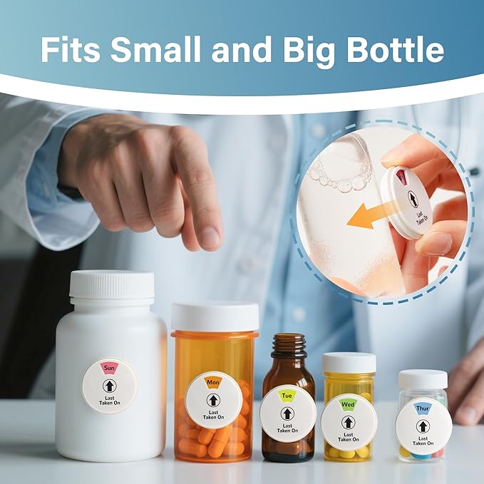 4 Pack 7-Day Pill Reminder Tracker 2-in-1 Magnetic & Adhesive – Stick to Plastic or Glass Bottles, or Attach Magnetically to Fridge/Metal Surfaces – Reusable for Medications, Vitamins, Pet Medicine