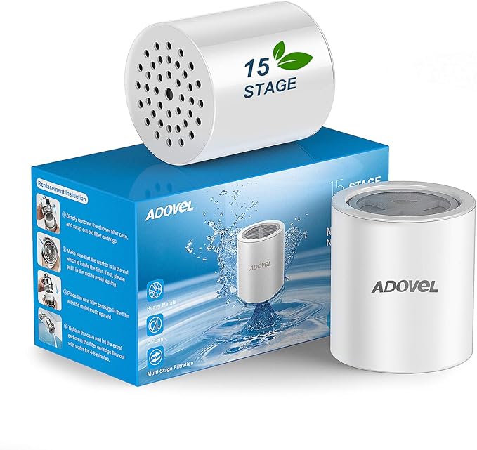 ADOVEL Universal Shower Filter Replacement Cartridge, 15 stage, High Output, With Effective KDF, Vitamin C, Removing Chlorine, Heavy Metals, Sulfur Odor, Pack of 2