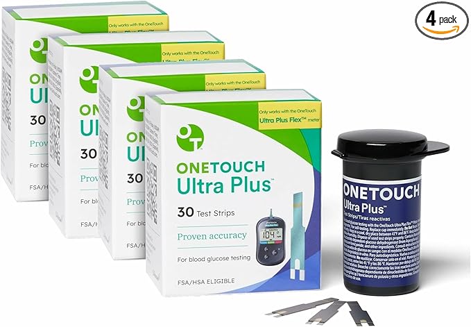 OneTouch Ultra Plus Test Strips - 120 Count - Diabetic Test Strips for Blood Glucose Meter & Daily Blood Sugar Levels - 30 Count/Pack (4 Pack)