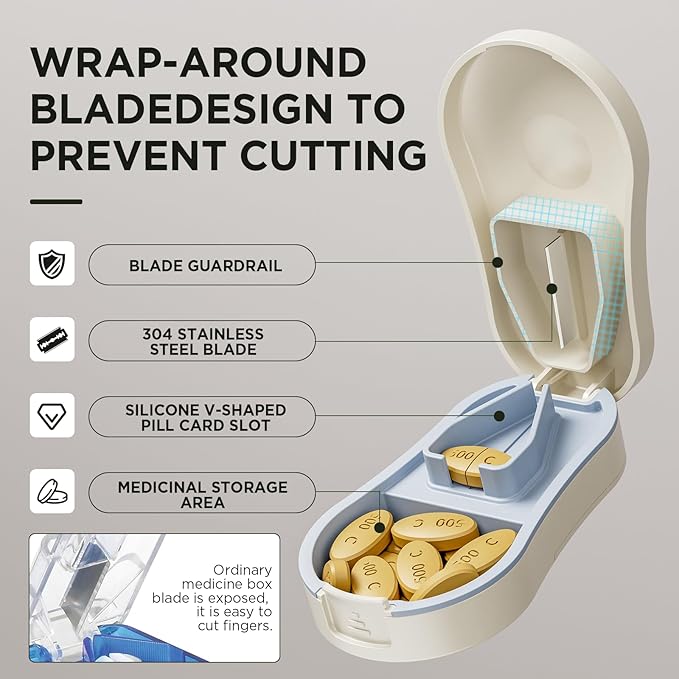 Pill Cutter for Small and Tiny Pills - Pill Splitter with Detachable Silicone Pad - Easy Open Snap Button. Wrap-Around Blade Guard Prevents Cuts. Back Storage (White)