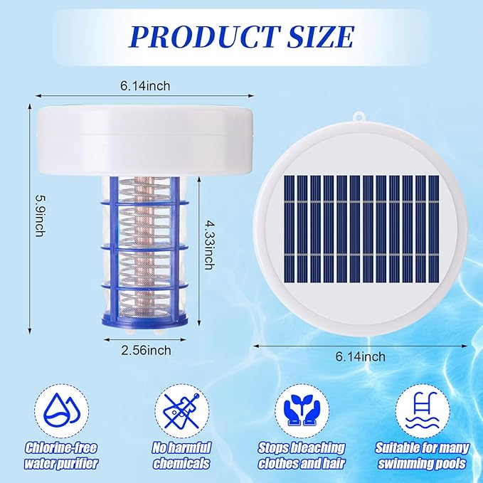 Qualirey Solar Pool Ionizer Automatic Floating Pool Cleaner, Water Ionizer with 4 Pcs Scum Eliminating Ball, for Above Ground and Inground Pools, up to 35, 000 Gallons (Without Light)