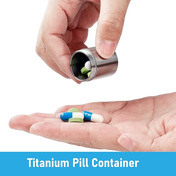 TISUR Pill Case, Titanium Keychain Pill Holder, 2 Compartments Small Metal Pill Box Tiny Waterproof Pill Bottle Pocket Portable Pill Organizer Container for Travel Purse Outdoor(Extended Upgrade)