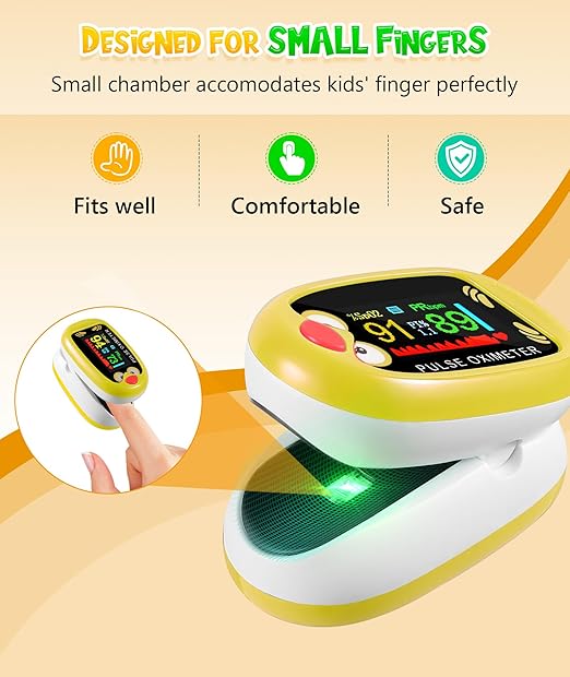 Fingertip Pluse Oximeter for Small Fingers, USB-C Rechargeable Oxygen Monitor, Cute Cartoon Design, Sports & Aviation Use, Applicable for Kids & Children (Yellow)