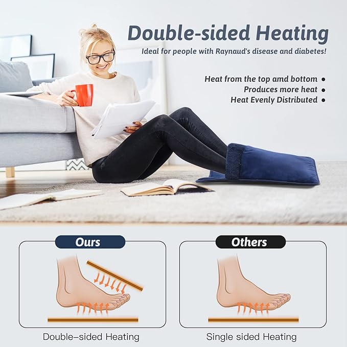 Double Sided Electric Foot Warmer with LCD Display & Machine Washable, Electric Feet Heating Pad with Non-Slip for Under Desk,Bed,Office,Home,Blue,20''*20''