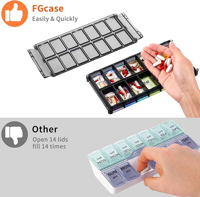 Extra Large Pill Organizer 2 Times a Day, FGcase Easy Fill AM PM Pill Box, Large Capacity Quick-Refill 7 Day Pill Cases for Pills/Vitamin/Fish Oil/Supplements Rainbow Black