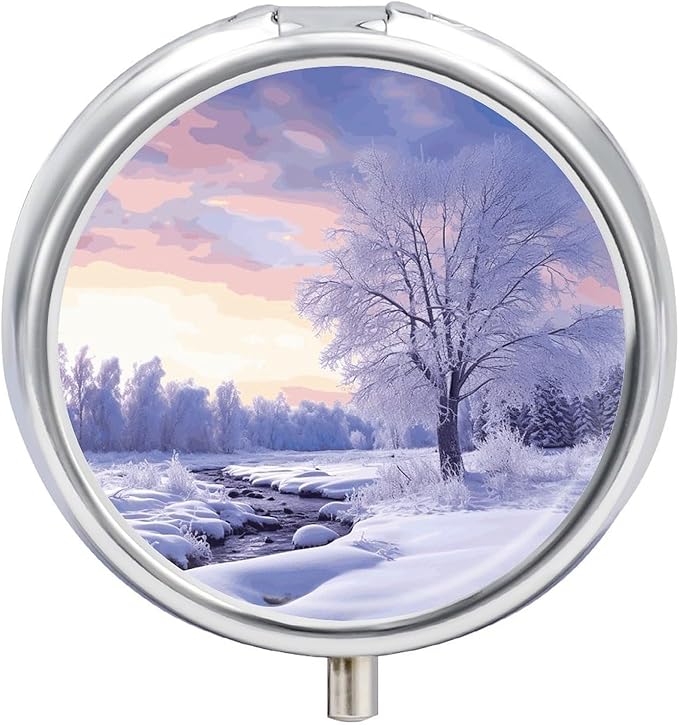 Winter Landscape Pill Box Travel Pill Case for Purse Pocket Weekly Medicine Organizer with Mirror 3 Compartment Round Medicine Case Portable PillcaseHolder for Daily
