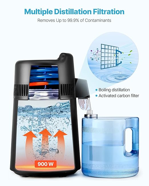 VEVOR Water Distiller, 6L / 1.6 Gallon Countertop Water Distiller for Home, 900W Distilled Water Maker with BPA-Free Plastic Container, 304 Stainless Steel Interior, Distilling for Drinking Water