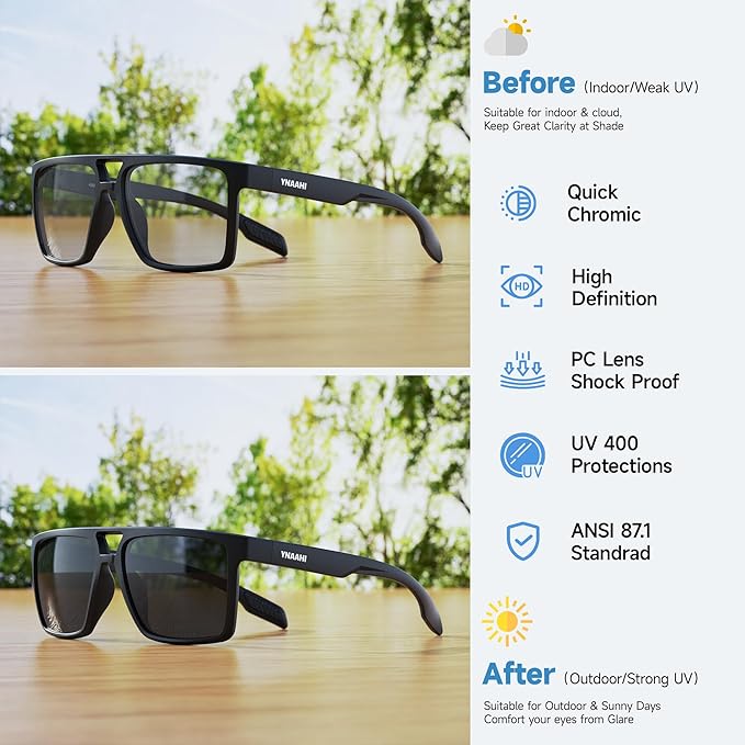 Photochromic Sunglasses for Men Women, UV Transition and Proteciton. ANSI Z87.1 for Sports Running and Work safety