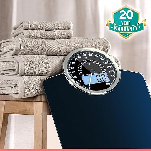 Adamson Hybrid 2-in-1 Analog & Digital Weighing Scale for Body Weight up to 400lbs - Thick Tempered Glass - Extra Large Display - Easy to Read Digital Bathroom Scale - Blue with Black Backlight