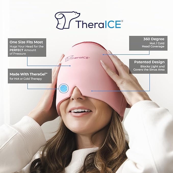 TheraICE Headache Relief Cap, Migraine Ice Pack Mask Products, Women Cooling Gel Hat, Face Cold Compress Head Wrap for Her Stress. Great Birthday Gift for Mom, Sister, Grandma, Girlfriend, & Teacher