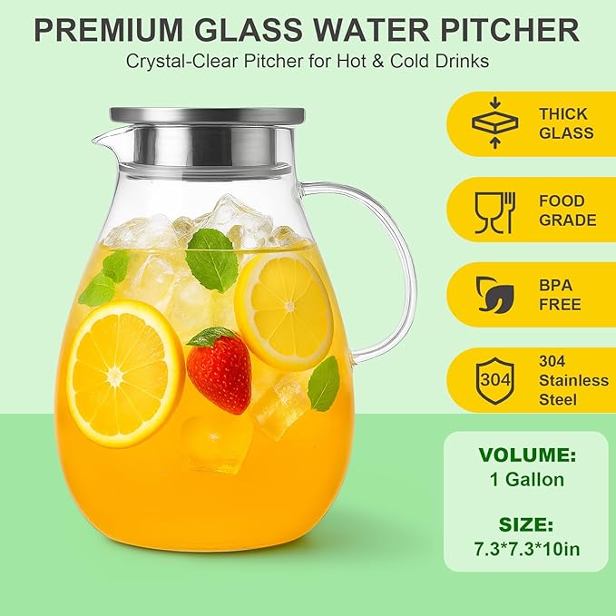 1 Gallon Glass Pitcher Water Jug with Lid – Family Size Large Drink Pitcher for Lemonade Iced Tea Cold Brew, Perfect for BBQ Kitchen Party