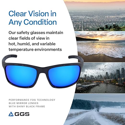 Bullhead Safety Eyewear Pompano Glasses - Anti-Fog, Lightweight, Impact/Scratch Resistant, UV Blocking Sunglasses for Cycling, Fishing, Driving, Blue Mirror/Shiny Black