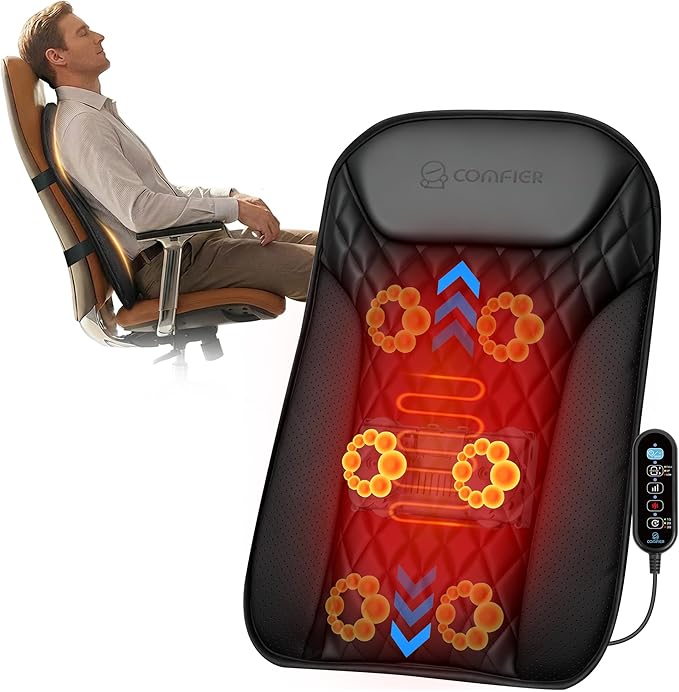 COMFIER Ultra-Slim Heated Back Massager for Chair,Deep Tissue Shiatsu Back Massager with Heat,Up–Down Moving 10 Massage Nodes,Upper/Lower/Full Back Relief,Gift for Women & Men